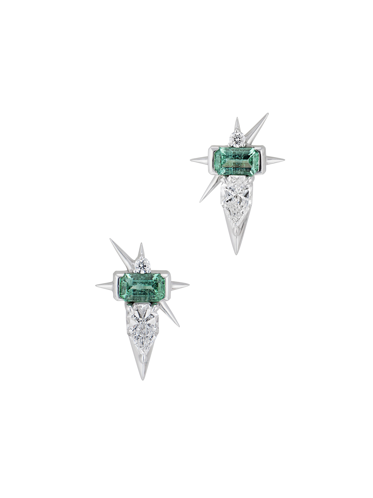  14k white gold emerald & diamond spike earrings 